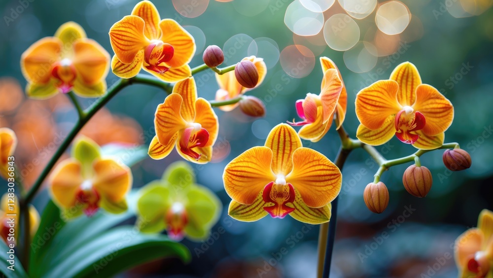 Poster Vibrant orange and green orchids with bokeh background showcasing floral beauty and enchanting colors in a natural setting.