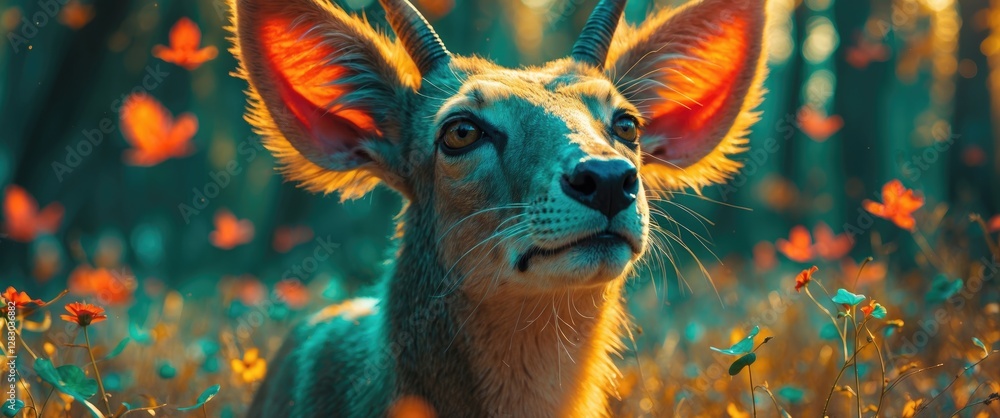 Poster close-up of a deer with large ears in a colorful flower field surrounded by butterflies in a vibrant