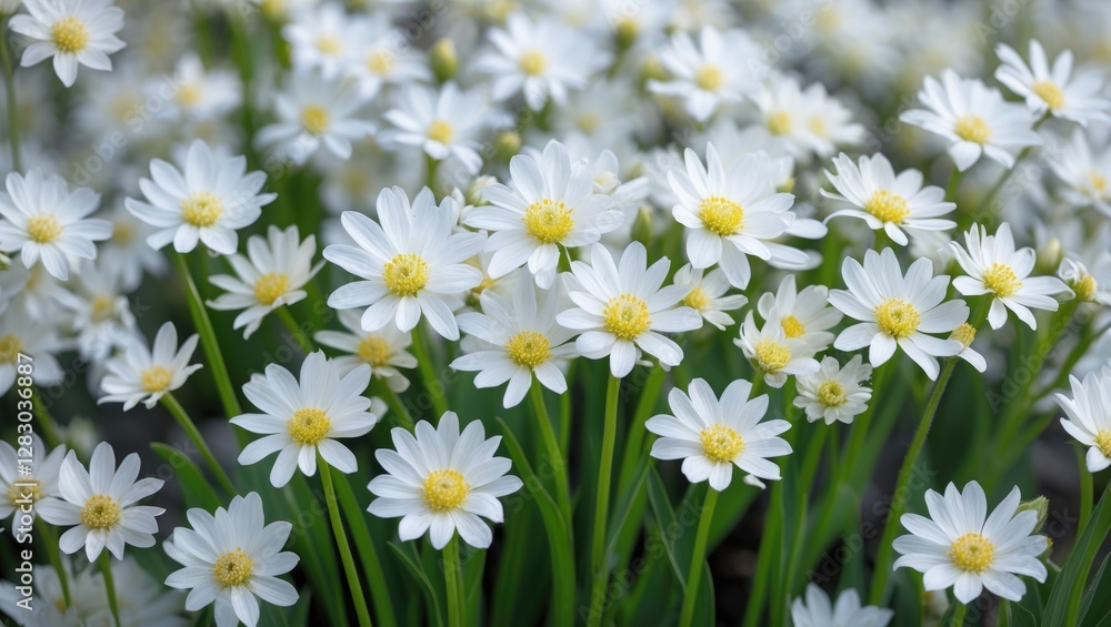Poster delicate clusters of bright white flowers with yellow centers creating a serene and calming natural 