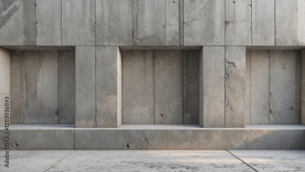 Poster concrete wall construction background with empty niches for architectural and design use in modern g