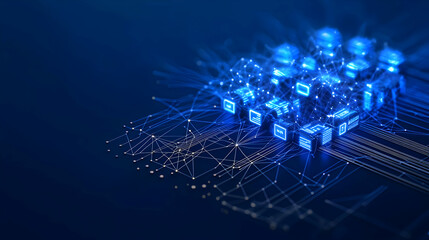 Fototapeta premium Abstract Blue Digital Network with Glowing Nodes and Data Lines in Dark Background