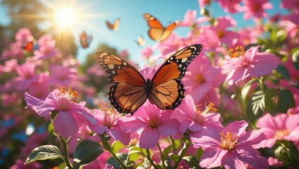 Naklejka premium Colorful butterflies fluttering over vibrant pink flowers illuminated by sunlight in a serene garden setting during a warm summer day.