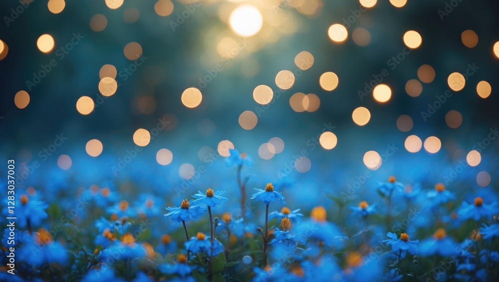 Poster blue floral field with blurred bokeh lights in the background creating a serene and dreamy nature wa