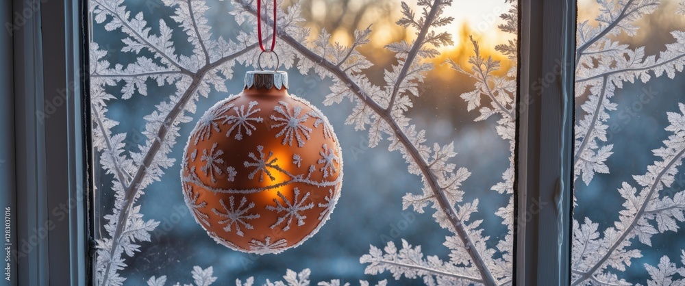 Aufkleber christmas ornament hanging on frosted window with snowflake patterns and sunset in background