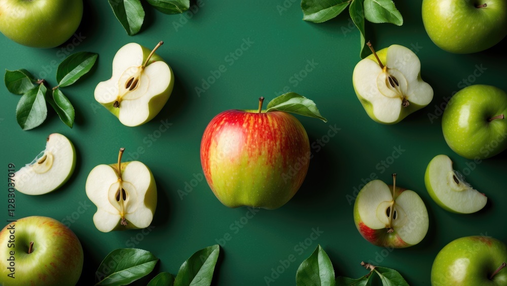 Aufkleber fresh green and red apples arranged on a green background with sliced apple sections and leaves scat