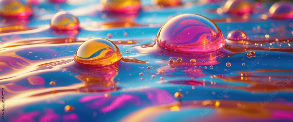 Poster colorful oil and water droplets on a reflective surface creating abstract patterns and textures in v
