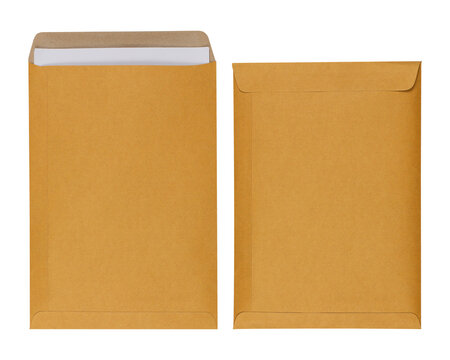 Brown envelope closed and open isolated on white background. Letter top view. Object with clipping path