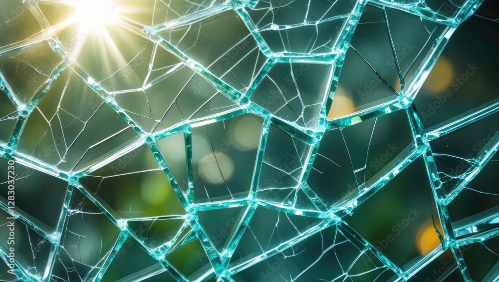 Poster close-up of fragmented glass surface with sun rays and blurred background, showcasing intricate patt
