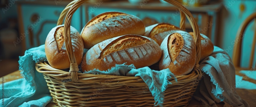 Poster freshly baked artisan bread in a wicker basket with empty copy space for text ideal for recipe or ba