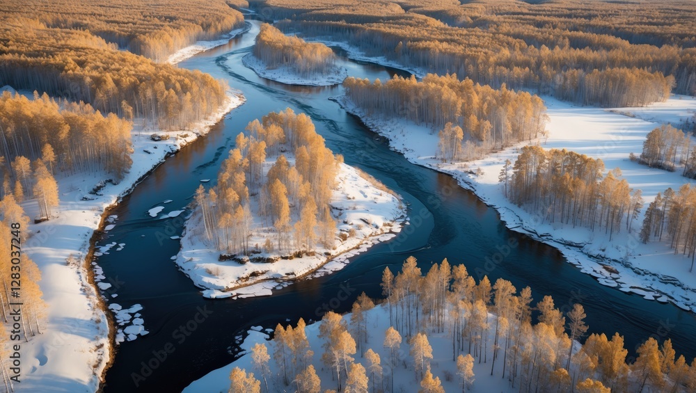 Poster aerial view of a winding river through a snowy lapland forest with golden treetops creating a stunni