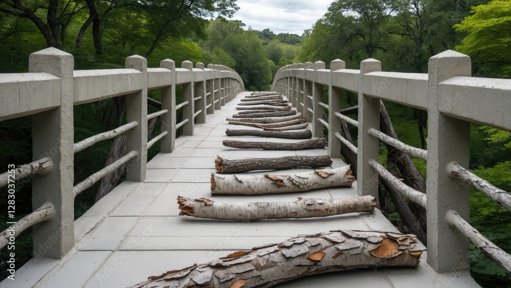 Poster cement bridge with unique railing design featuring logs, surrounded by lush greenery in a tranquil n