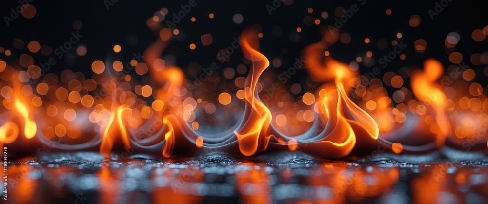 Poster abstract bokeh effect with vibrant blurred orange flames over a dark background creating a dramatic 
