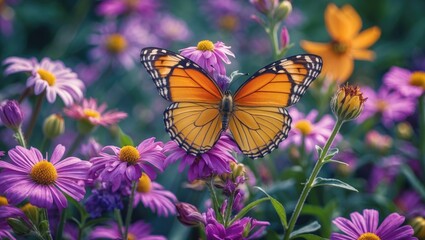 Colorful butterfly perched on vibrant flowers in a lush garden setting showcasing nature's beauty and tranquility.