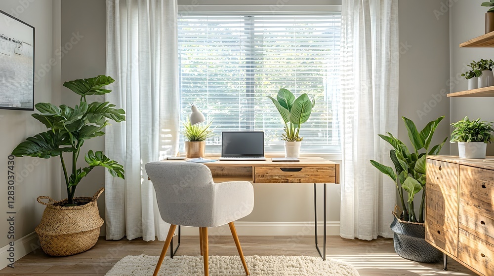 Poster a serene and inviting home office space with natural light streaming through a window a desk with a 