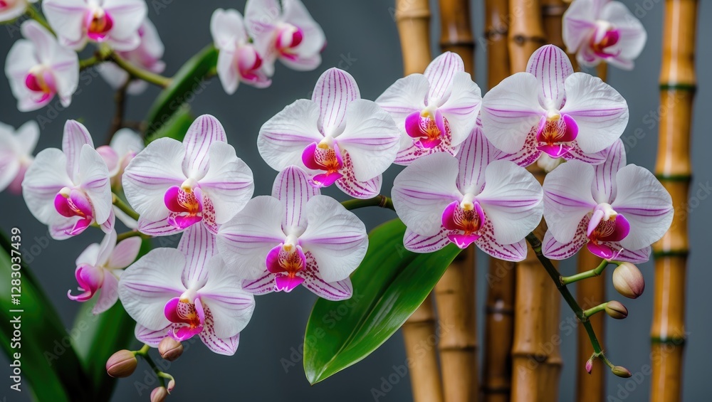 Poster elegant white and pink orchids with bamboo accents creating a serene botanical display in a tranquil