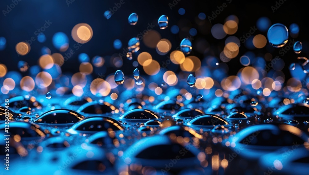 Poster blue water droplets on dark surface with bokeh lights creating reflections in the background