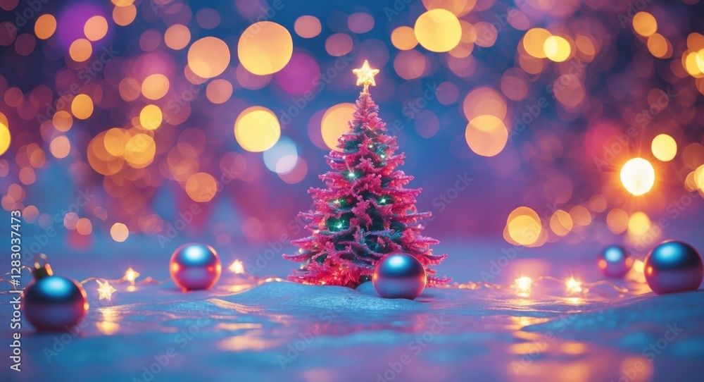 Poster festive bokeh background with a decorated christmas tree and ornaments illuminated by soft colorful 
