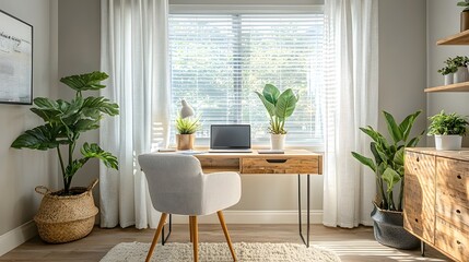 A serene and inviting home office space with natural light streaming through a window a desk with a laptop and an abundance of potted plants creating a calming productive atmosphere