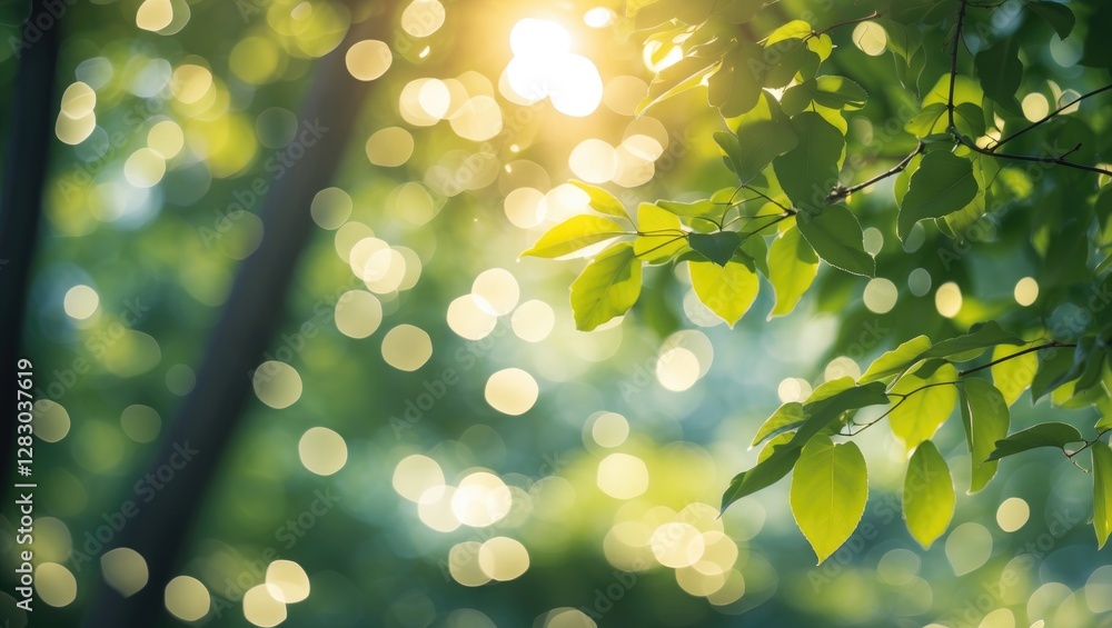 Poster green leaves with sunlight filtering through a forest creating a bokeh background effect in a natura