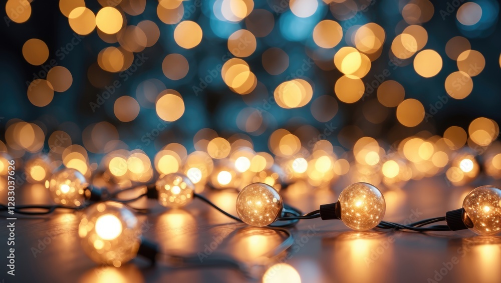 Poster string lights glowing on a wooden surface with a blurred background filled with bokeh light effects 