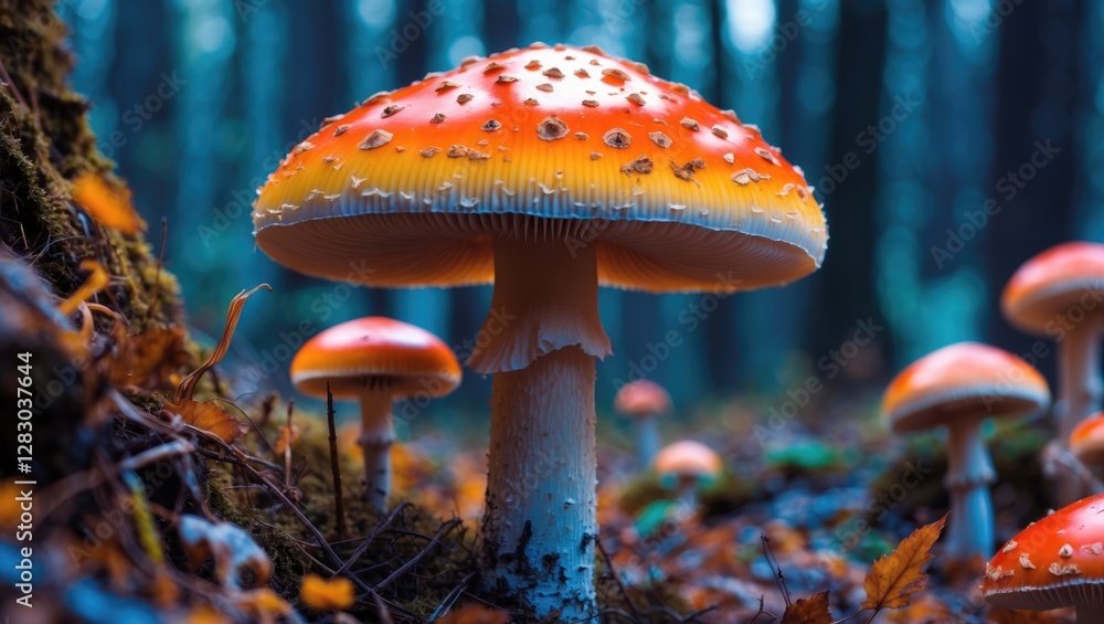 Poster vibrant orange and white mushrooms in a forest setting with soft focus on surrounding foliage and ot
