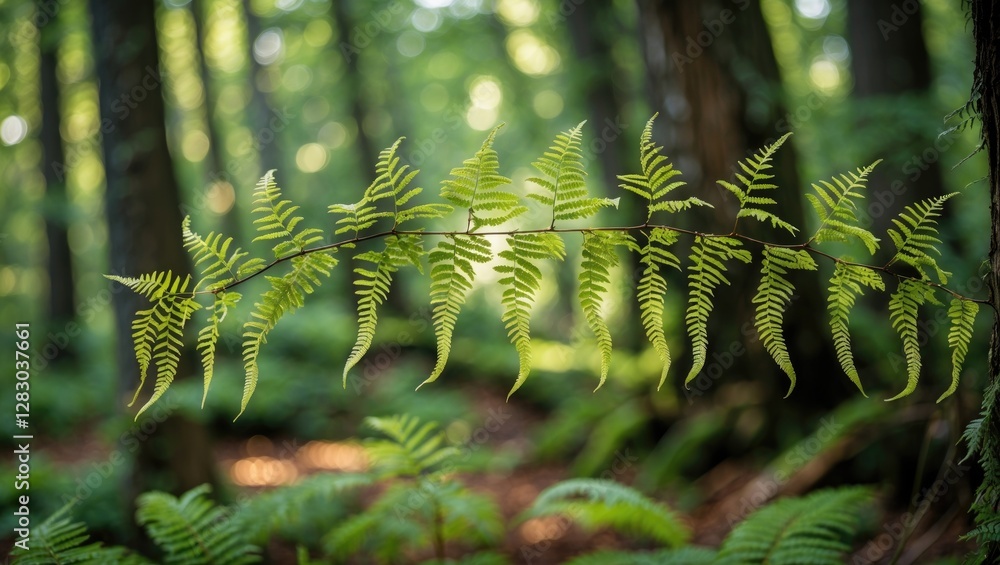 Aufkleber fern leaf with sunlight filtering through a forest background in a natural setting