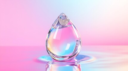 Water Drop with Soft Reflections in Colorful Gradient on a Pink and Blue Background. Generative AI