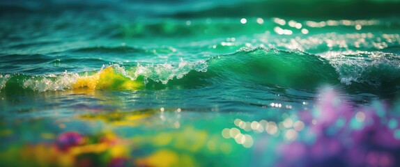 Colorful blurred ocean waves with green background and dark vignette creating a serene abstract texture perfect for design and copy space.