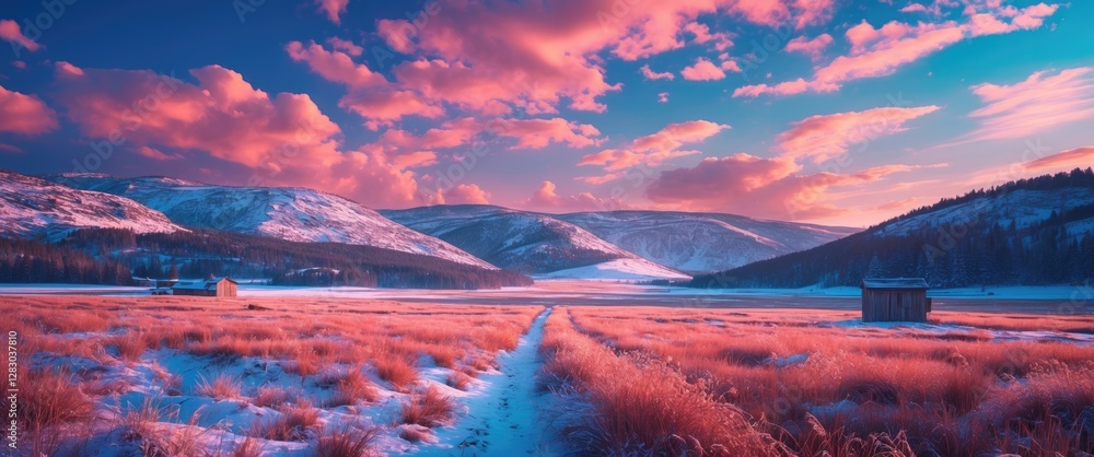 Poster winter landscape with a path through grass fields leading to mountains during sunset with colorful c