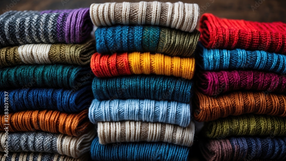Poster stacked colorful knitted woolen socks arranged in neat rows showcasing various patterns and textures