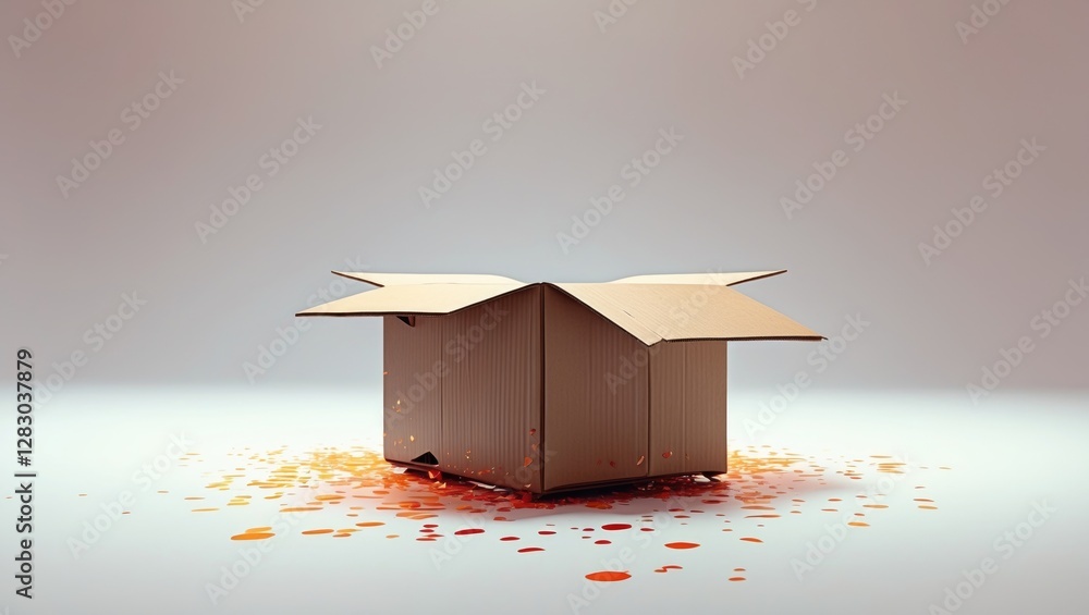 Poster cardboard box with open flaps on a minimalist background surrounded by colorful splashes of paint il