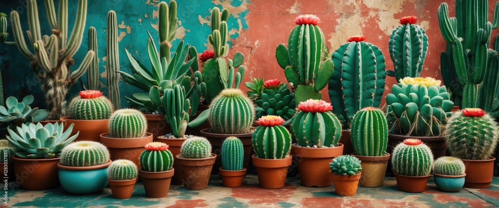 Aufkleber vibrant display of assorted succulents and cacti in various pots against a rustic textured backdrop 