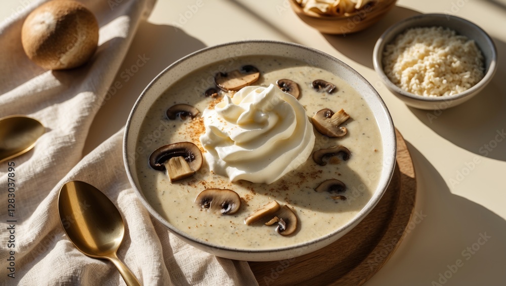 Poster mushroom cream soup topped with whipped cream served in a bowl alongside a side of grated cheese and