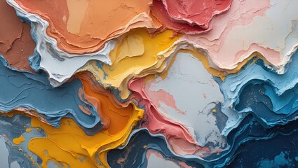 Abstract textured background with multicolored layers of thick paint in warm and cool tones blending together
