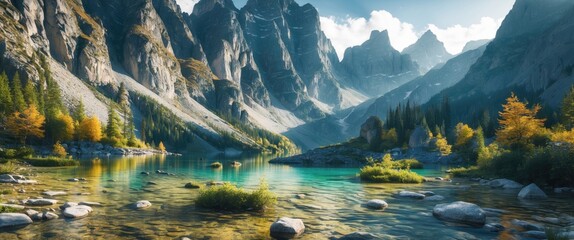Mountain landscape with a clear lake, rocky shore, lush trees and dramatic peaks under a bright sky in a natural setting during autumn.