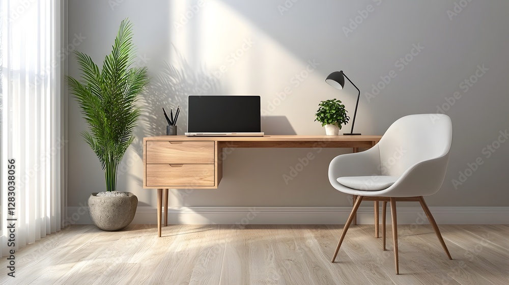 Poster a cozy and efficient minimalist home office setup featuring a desk with a laptop computer a comforta