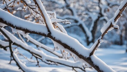 Snow-covered tree branch in a serene winter landscape creating a peaceful and tranquil atmosphere in nature's beauty.