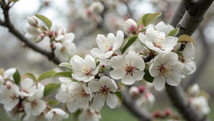 Obraz premium Blossoming white cherry flowers on a branch with green leaves in a natural outdoor setting.
