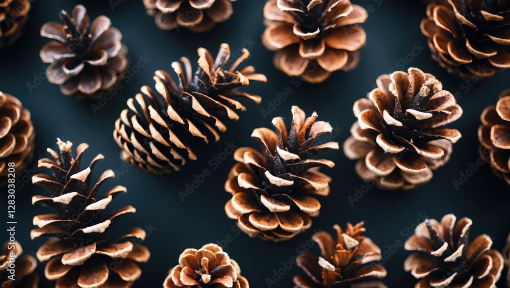 Poster pine cones arranged on a dark background showcasing various sizes and textures of natural elements f