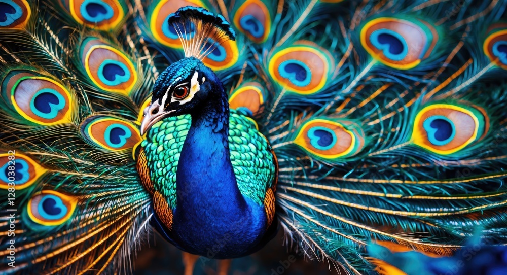 Poster vibrant close-up portrait of a peacock displaying its colorful plumage with intricate eye patterns o
