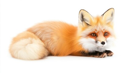 Obraz premium A Cute Lying Fox with Fluffy Fur on a White Isolated Background. Generative AI