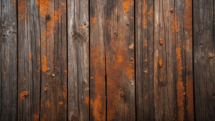 Naklejka premium Rusty wooden planks with peeling paint and texture variations against a dark background showcasing weathered wood details.