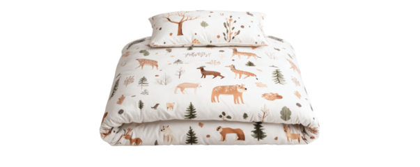 A cozy children's bedding set featuring a white duvet cover and pillowcase decorated with a whimsical woodland animal and nature print. Perfect for a nature-themed bedroom.