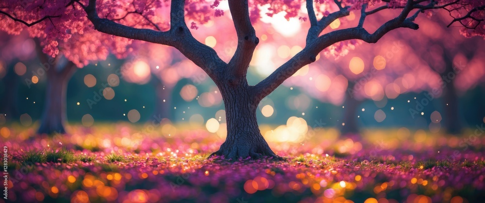 Poster blossoming cherry tree with vibrant pink flowers and enchanting bokeh background creating a dreamy s