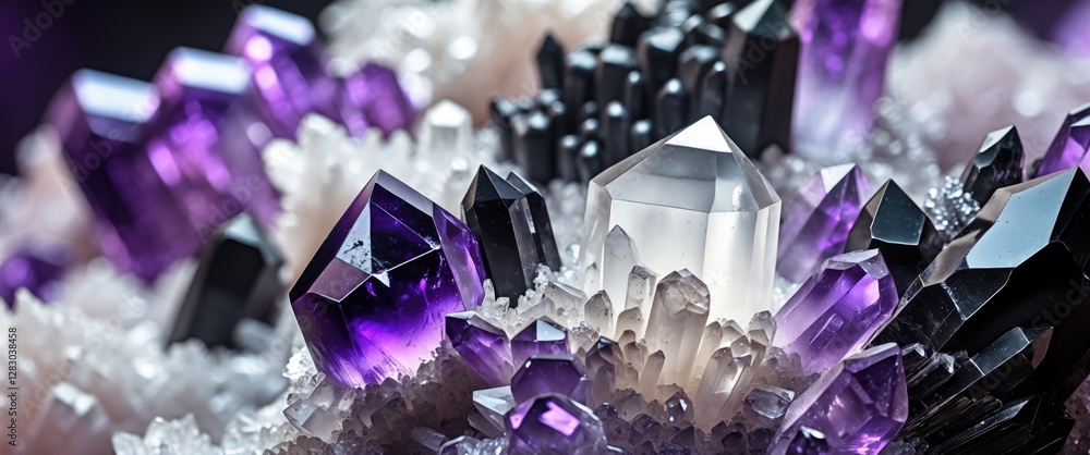 Poster amethyst and quartz crystals cluster on rock with sharp peaks and varying colors under soft light in
