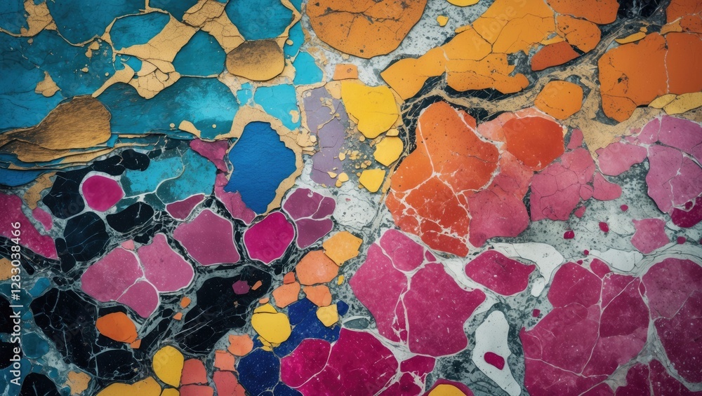 Poster colorful abstract texture with vibrant paint splashes and cracks on a weathered surface