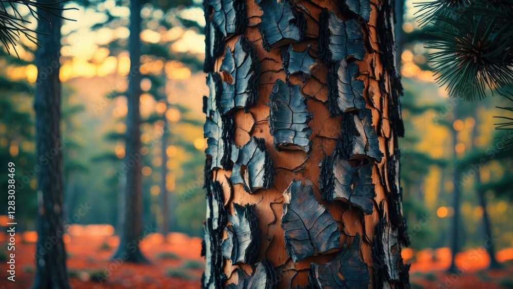Poster close-up view of textured bark on a tree trunk with blurred pine forest background and warm sunset l