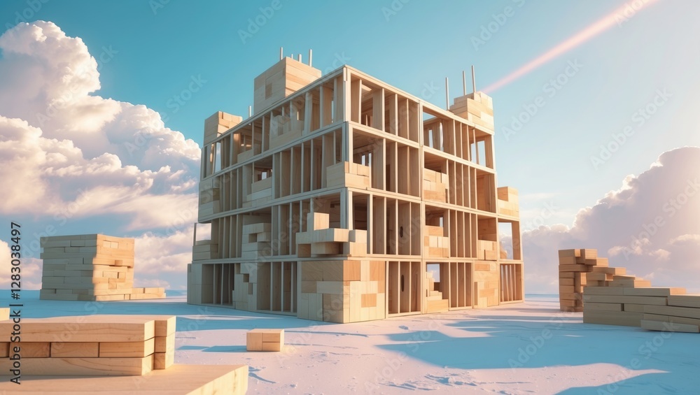Poster wooden block structure building on a sunny day with clouds creating a serene landscape for architect