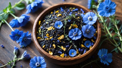 Blend of black tea with cornflower petals and thyme in wooden bowl surrounded by vibrant blue cornflowers on wooden table