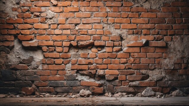 Fototapeta Textured red brick wall with peeling plaster and exposed bricks, showing signs of wear and age, with some debris on the ground.